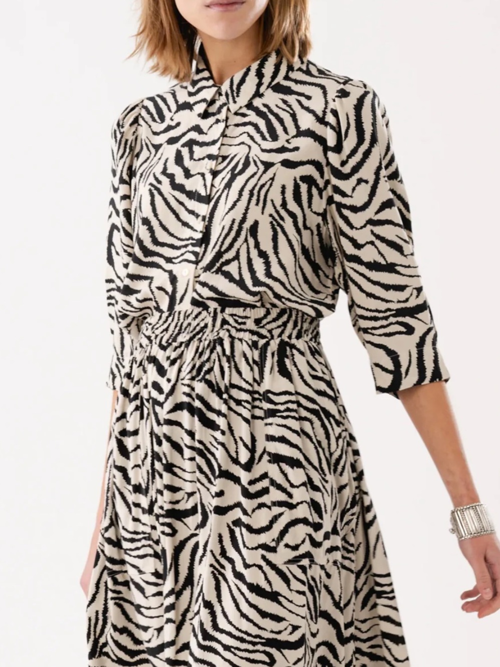 Nine West Black & Cream Zebra-Print Button Front Top